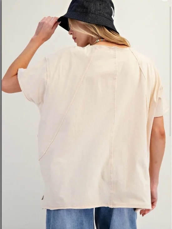 Easel Cream Short Sleeve Tee with Pink Floral Patch Plus Size - Picture 5 of 6